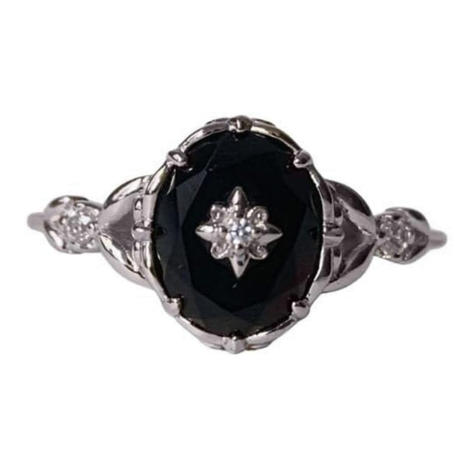 Art-Deco Vintage Black Onyx 925 Sterling Silver Ring for Women Unique Antique Handmade Engagement Promise Oval Black Onyx Diamond in Center