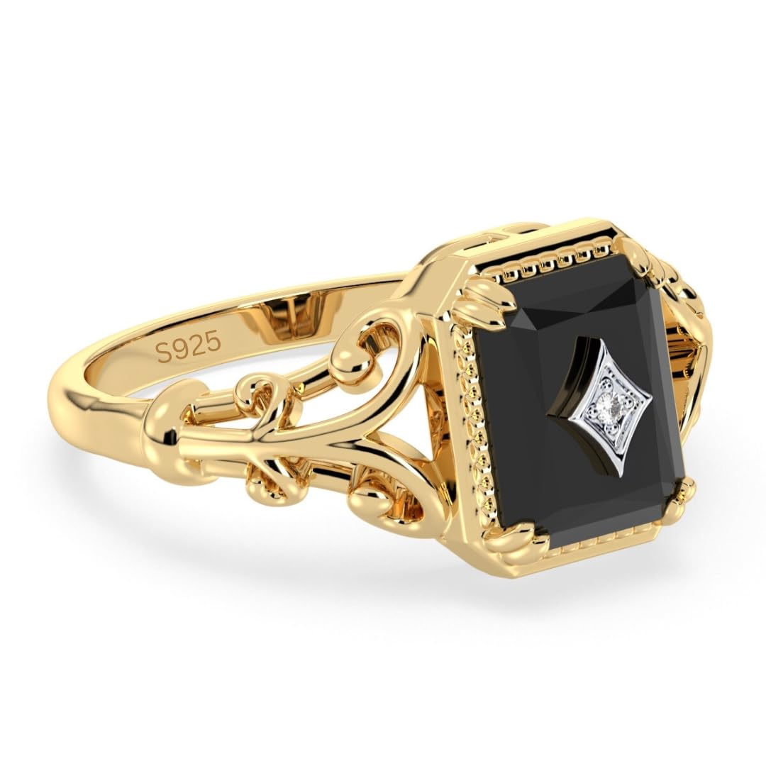 Handmade Gold Plated Real Black Onyx 925 Sterling Silver Vintage Look Ring for Women Engagement Promise Unique Antique Art Deco Diamond in Center