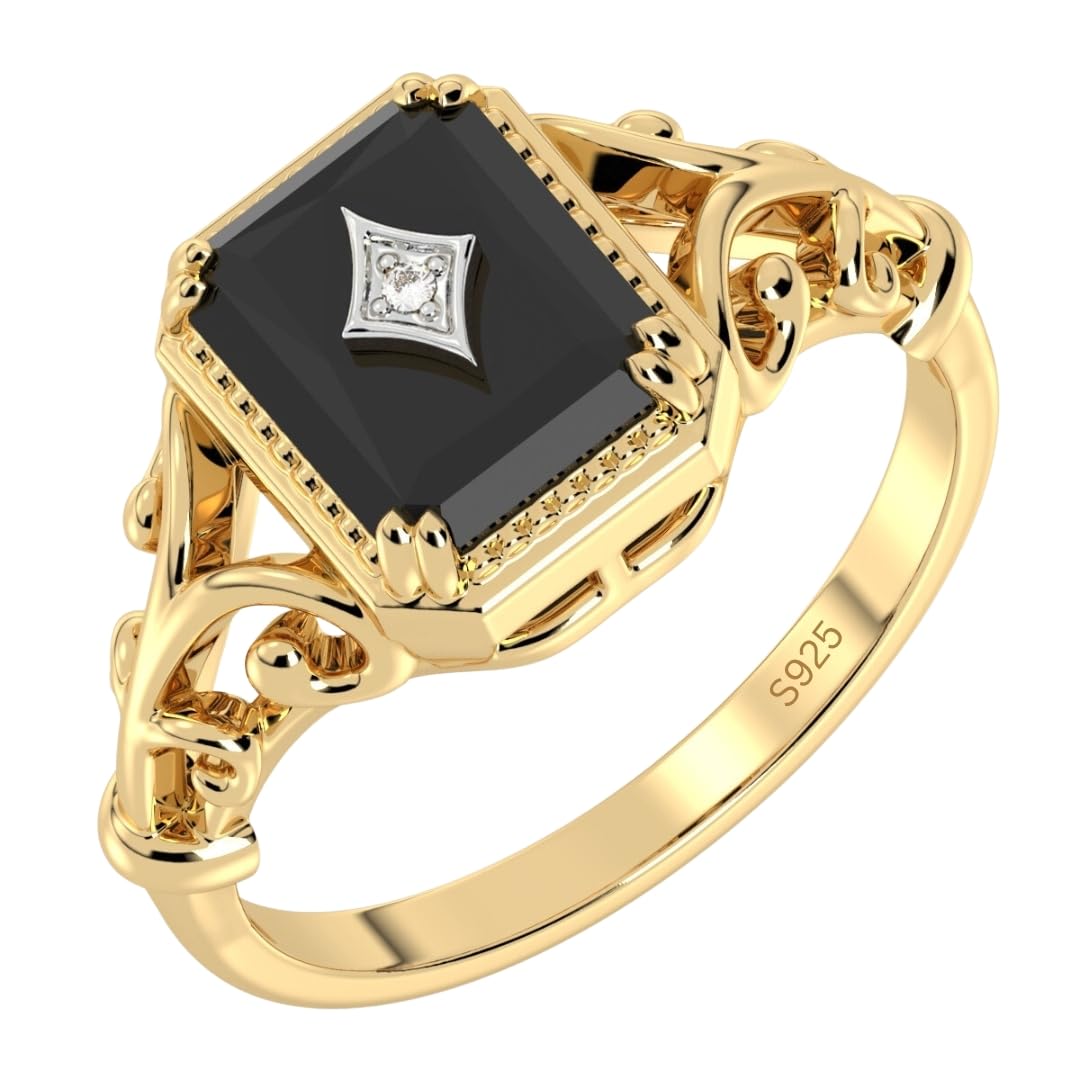 Handmade Gold Plated Real Black Onyx 925 Sterling Silver Vintage Look Ring for Women Engagement Promise Unique Antique Art Deco Diamond in Center